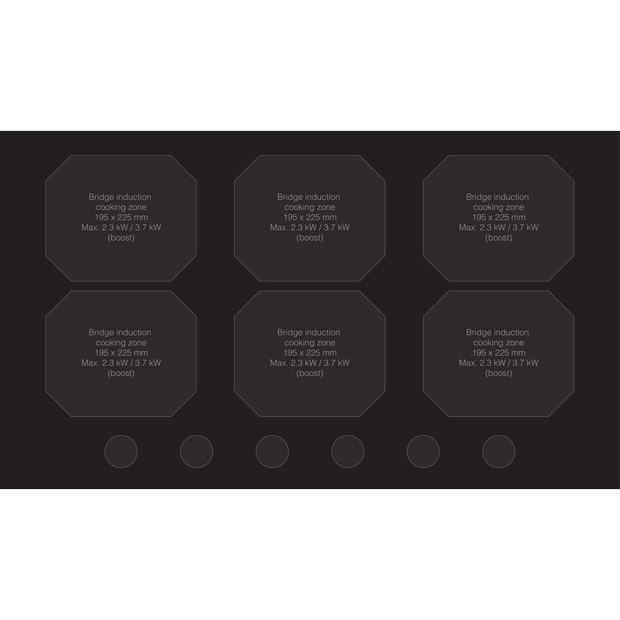 ASKO HID956MC zone layout: six square bridge induction zones, each 190 x 220mm, 2.3 kW with 3.7 kW boost