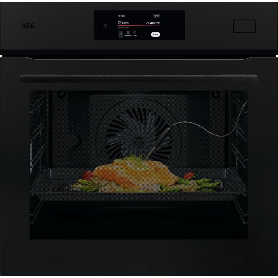AEG 8000 Series 60cm full steam oven in matte black, front view with a probe in food on the shelf